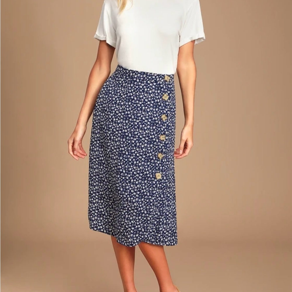 NWT Rosemary Navy Blue Floral Print Button-Front Midi Skirt
